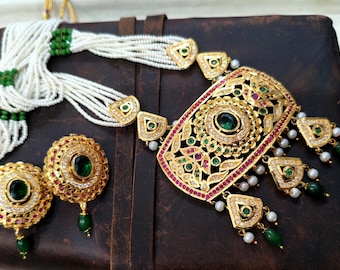 Collana di perle indiane Jadau Rani Haar / Set di ciondoli Kundan lunghi / Gioielli da sposa indiani / Gioielli lunghi da sposa Bollywood placcati in oro 22K