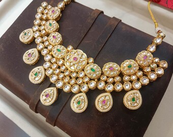 Conjunto de collar y pendientes Kundan Polki indios / Gargantilla Kundan Bollywood / Joyería nupcial tradicional india / Joyería nupcial Jadau Kundan