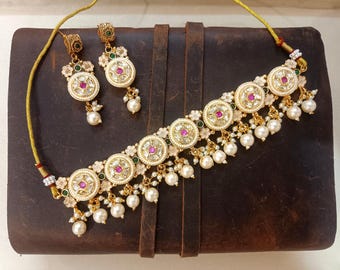 Conjunto de collar y pendientes Kundan Polki indios / Gargantilla Kundan Bollywood / Joyería nupcial tradicional india / Joyería nupcial Jadau Kundan