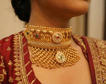 Rajwadi Matte Gold Kundan Choker | Rajasthani Bridal Jewelry | Antique Finish Indian Wedding Necklace | Traditional Rajputi Jewelry Set
