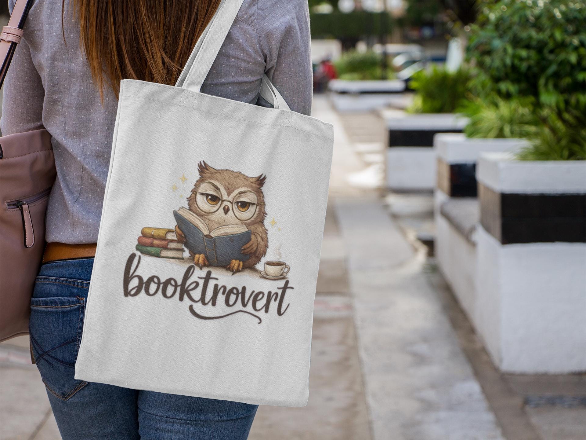 Booktrovert Canvas Tote Bag - Cute Owl Book Lover Tote, Introvert Reader Gift, Library, Book Club &a