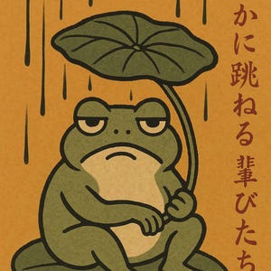 May include: A vintage-style illustration of a frog sitting on a lily pad, holding a leaf overhead. The frog is green with a cream-coloured belly and a grumpy expression. The background is a warm orange with vertical rain lines and Japanese text.