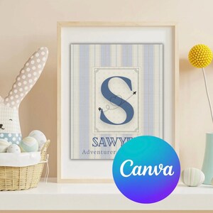 May include: A framed print with a blue and white striped background features a large blue letter "S" with an airplane graphic. The name "Sawyer" and the word "Adventurer" are below the letter. A stuffed bunny and basket of eggs are on the shelf.