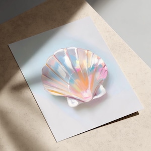 Pearl scallop shell wall art: coastal seashell print, minimalist coastal bathroom decor (Digital Download)