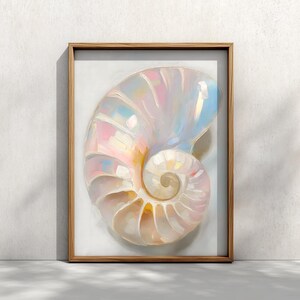 Póster nacarado de conchas marinas costeras: Lámina minimalista de conchas para la pared del baño (Descarga digital)