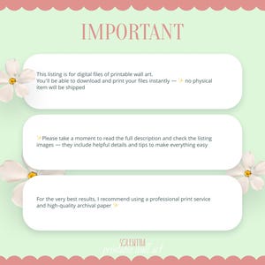 A digital art listing announcement with a light green background and a pink scalloped border. The word "IMPORTANT" is at the top. White text boxes contain information about the listing, including that it is for digital files and no physical item will be shipped.