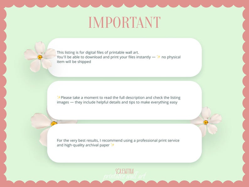 A digital art listing announcement with a light green background and a pink scalloped border. The word "IMPORTANT" is at the top. White text boxes contain information about the listing, including that it is for digital files and no physical item will be shipped.