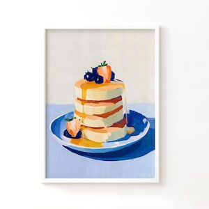 パンケーキの積み重ね、キッチン、青い壁のアート：イチゴとブルーベリーのトッピング、朝食の食べ物の絵画（デジタルダウンロード）