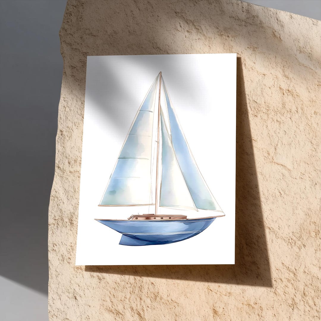 Minimalist Sailboat Art Print: Watercolor Coastal Bathroom Beach House ...
