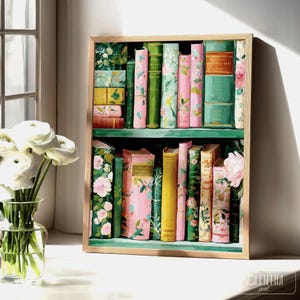 Floral bookshelf art print: whimsical reading nook girl's room decor (Digital Download)