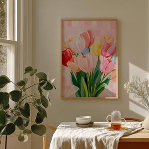 A colorful floral painting featuring a bouquet of tulips in shades of red, pink, orange, yellow, and purple. The artwork is set against a pink background.