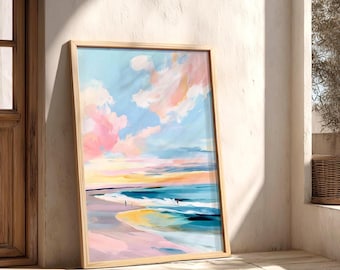 Impression d'art aquarelle turquoise et rose coucher de soleil sur l'océan : décoration pastel de maison de plage (téléchargement numérique)
