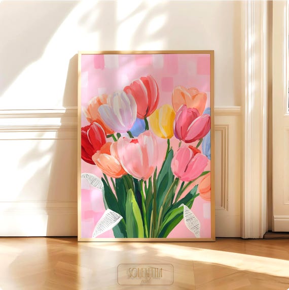 Colorful tulip bouquet art print: modern floral wall decor, spring flower painting (Digital Download)