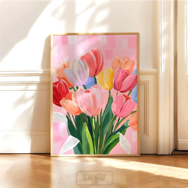 A colorful floral painting featuring a bouquet of tulips in shades of red, pink, orange, yellow, and purple. The artwork is set against a pink background.