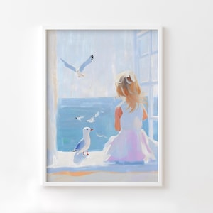 Pastel Seascape Painting: Blonde Girl, Pink Kid&#39;s Room (Instant Download)