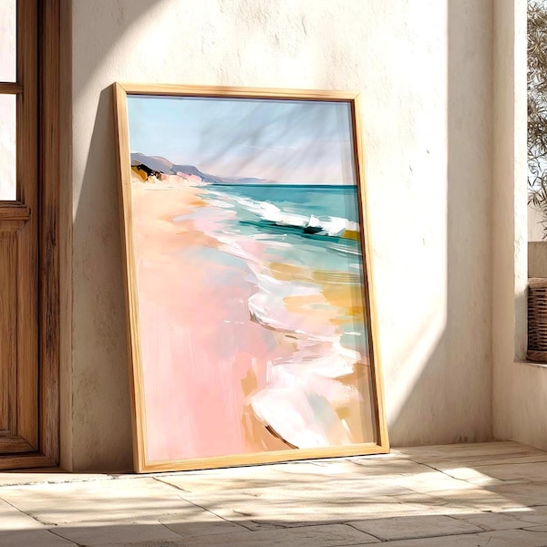 Abstract ocean seashore painting: pastel pink coastal beach house art print (Digital Download)