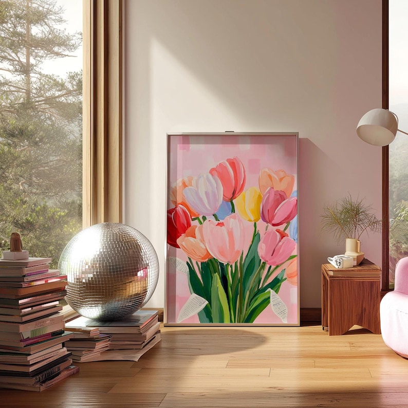 Colorful tulip bouquet art print: modern floral wall decor, spring flower painting (Digital Download) image 3