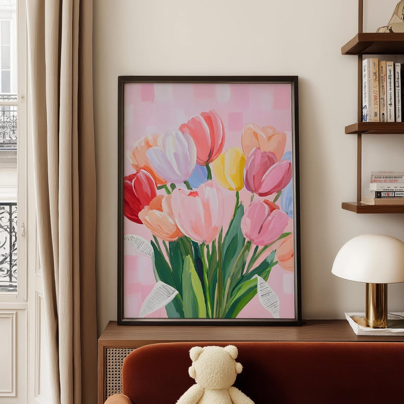 A colorful floral pastel painting featuring a bouquet of tulips in shades of red, pink, orange, yellow, and purple. The artwork is set against a pink background.