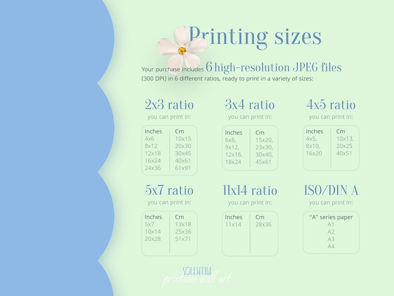 text detailing print sizes for wall art. Includes 6 high-resolution JPEG files in various ratios, with measurements in inches and centimeters