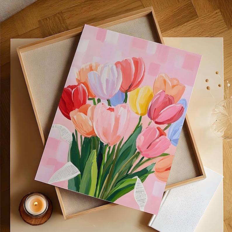 A colorful tulip painting with a pink checkered background. The tulips are painted in shades of red, pink, orange, yellow, and white, with green leaves.