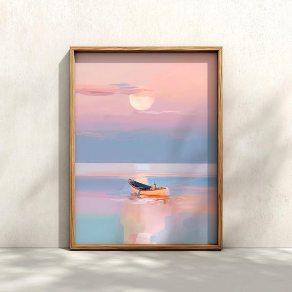 Coastal sunset art print: calm moonlight wall art, fishing boat painting (Digital Download)