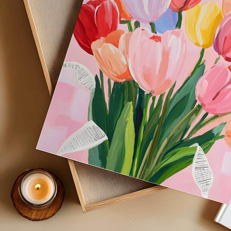 A colorful floral painting featuring a bouquet of tulips in shades of red, pink, orange, yellow, and purple. The artwork is set against a pink background.