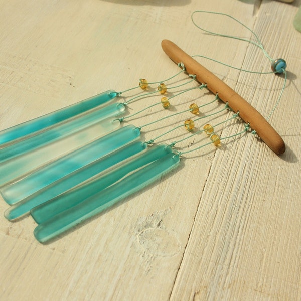 Verre windchime - Frosted Turquoises - Home made de verre de mer - Tumbleworn