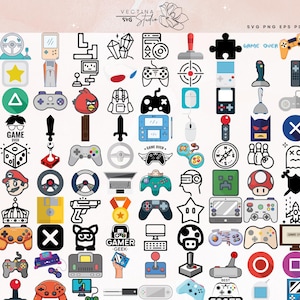 Puede incluir: Una colección de iconos coloridos con temática de juegos, que incluyen mandos, personajes de juegos y texto que dice "GAME OVER" y "GAMER GEEK". Los iconos tienen varias formas y tamaños, con una mezcla de diseños sólidos y delineados. El fondo es de color rosa claro.