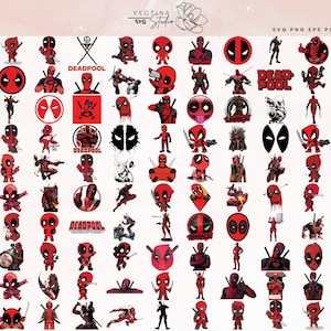 May include: A collection of red and black Deadpool-themed graphics. The images include various poses of the character, the Deadpool logo, and the word "Deadpool" in different fonts. The graphics are in SVG, PNG, EPS, and PDF formats.
