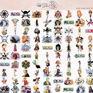 Może przedstawiać: Kolekcja kolorowych cyfrowych wzorów SVG i PNG One Piece. Projekty obejmują różne postacie, logo i symbole z serii anime. Obraz zawiera tekst "Vectina Studio" i "SVG PNG EPS PDF".