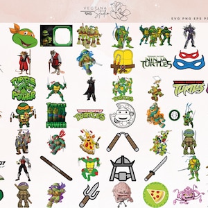 May include: A collection of Teenage Mutant Ninja Turtles themed graphics. The image includes various character illustrations, logos, and masks in vibrant colors. The text "TURTLE POWER" and "READY" are also visible.