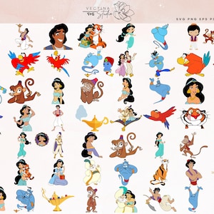May include: A collection of colorful Aladdin-themed SVG and PNG graphics. The images include characters like Aladdin, Jasmine, Genie, Abu, and Rajah. The graphics are in a cartoon style, with a white background and the text "Vectina Studio" and "Aladdin".