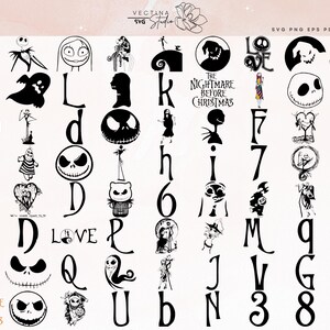 Può includere: Una collezione di grafiche vettoriali in bianco e nero con personaggi ed elementi di "Nightmare Before Christmas". Include Jack Skellington, Sally e varie lettere e numeri. Il testo "Vectina Studio" è visibile.