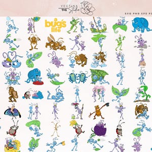 May include: A collection of colorful cartoon insect characters from the movie "A Bug's Life". The image features various ants, caterpillars, and other bugs in different poses and scenes. The image includes the text "VECTINA Studio" and "SVG PNG EPS PDF".