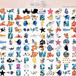 May include: A collection of colorful digital graphics featuring characters from the movie "Finding Nemo." Includes various fish, sea creatures, and the phrase "Just Keep Swimming." Also features the alphabet with Nemo-themed designs. The graphics are in SVG, PNG, and EPS formats.