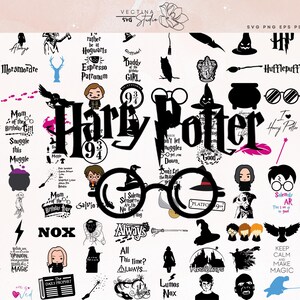 May include: A digital collection of black and white graphic designs featuring Harry Potter themed icons, including round glasses, lightning bolts, owls, wands, house crests, and various quotes like Always, Platform 9 3/4, and Nox.