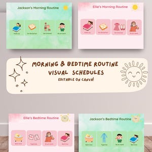 Könnte beinhalten: Vier visuelle Zeitpläne für Morgen- und Abendroutinen. Jeder Zeitplan verwendet Illustrationen, um Schritte wie Aufwachen, Frühstück, Anziehen und Zähneputzen darzustellen. Der Text auf dem Bild lautet "Morning & Bedtime Routine Visual Schedules. Editable on Canva!"