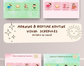 May include: A set of four visual schedules for morning and bedtime routines. The schedules are color-coded and feature illustrations for each step, such as waking up, eating breakfast, getting dressed, and brushing teeth. Text on the image reads "Morning & Bedtime Routine Visual Schedules. Editable on Canva!"