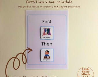 May include: A visual schedule with the text "First/Then Visual Schedule" and "Designed to reduce uncertainty and support transitions." The schedule includes "First" and "Then" sections with activity cards for "Get Dressed" and "Eating time." It comes with 18 activity cards.