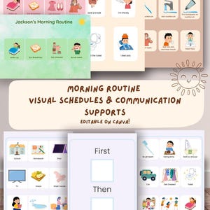 May include: Visual schedule cards for children, illustrating daily routines with images and text. The cards show activities like brushing teeth, eating, and getting dressed. Text includes "Morning Routine" and "Editable on Canva!"