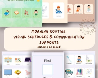 May include: A collection of visual schedule cards for children, featuring illustrations of daily routines like brushing teeth, eating, and getting dressed. The cards include text such as "Morning Routine" and "Editable on Canva!"