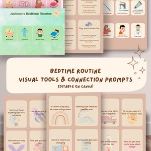 May include: Printable bedtime routine charts and connection prompts. The charts feature illustrations for brushing teeth, bath time, and bedtime. Text includes phrases like "Emotional Safety" and "Editable on Canva!"