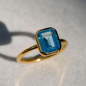 Emerald Cut Swiss Blue Topaz Engagement Ring, Bezel Set Birthstone Jewelry, Unique Blue Topaz Wedding Anniversary Promise Gift Ring For Her
