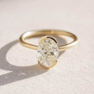 Oval Cut Moissanite Engagement Ring, Half Bezel Set Diamond Solitaire Ring, 14K Solid Yellow Gold Wedding Ring, Diamond Bridal Promise Ring