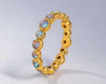 14K Gold Opal Band Ring, Opal Eternity Ring, Full Eternity Band Ring, Opal Wedding Band, Opal Stacking Ring, Anniversary, Gift for Women