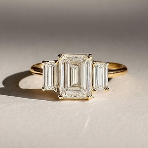 Vintage Emerald Cut Moissanite Engagement Ring, 14K Solid Gold Baguette Diamond Cluster Ring, Diamond Wedding Bridal Ring, Anniversary Gift