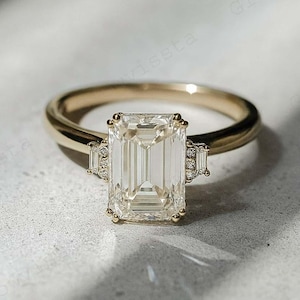 Vintage Emerald Cut Moissanite Engagement Ring, 14K Yellow Gold Baguette & Round Diamond Cluster Ring, Diamond Solitaire Ring, Gift For Her
