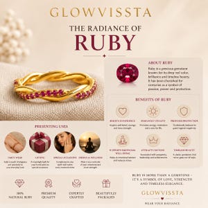 May include: A gold-colored ring with a twisted design, adorned with small, vibrant red rubies. The image also features the text "GLOWVISSTA" and "THE RADIANCE OF RUBY", along with information about the gemstone's benefits and uses.