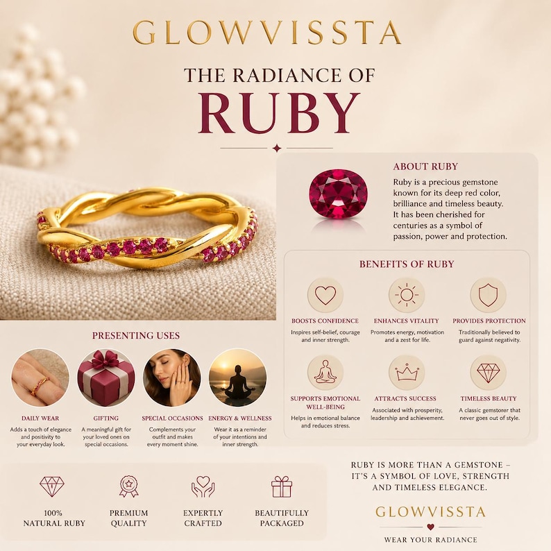 May include: A gold-colored ring with a twisted design, adorned with small, vibrant red rubies. The image also features the text "GLOWVISSTA" and "THE RADIANCE OF RUBY", along with information about the gemstone's benefits and uses.