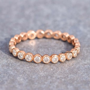 Bubble Style Moissanite Wedding Ring, Full Eternity Wedding Band, Bezel Set Bridal Ring, 14k Rose Gold Anniversary Ring, Matching Band